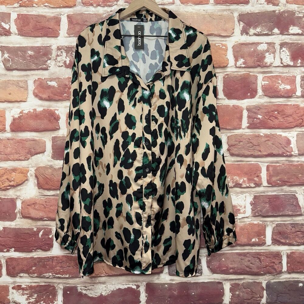 Boohoo Tunic Top Women's Size 22 Multicolor Leopard Animal Print Satin Button Up